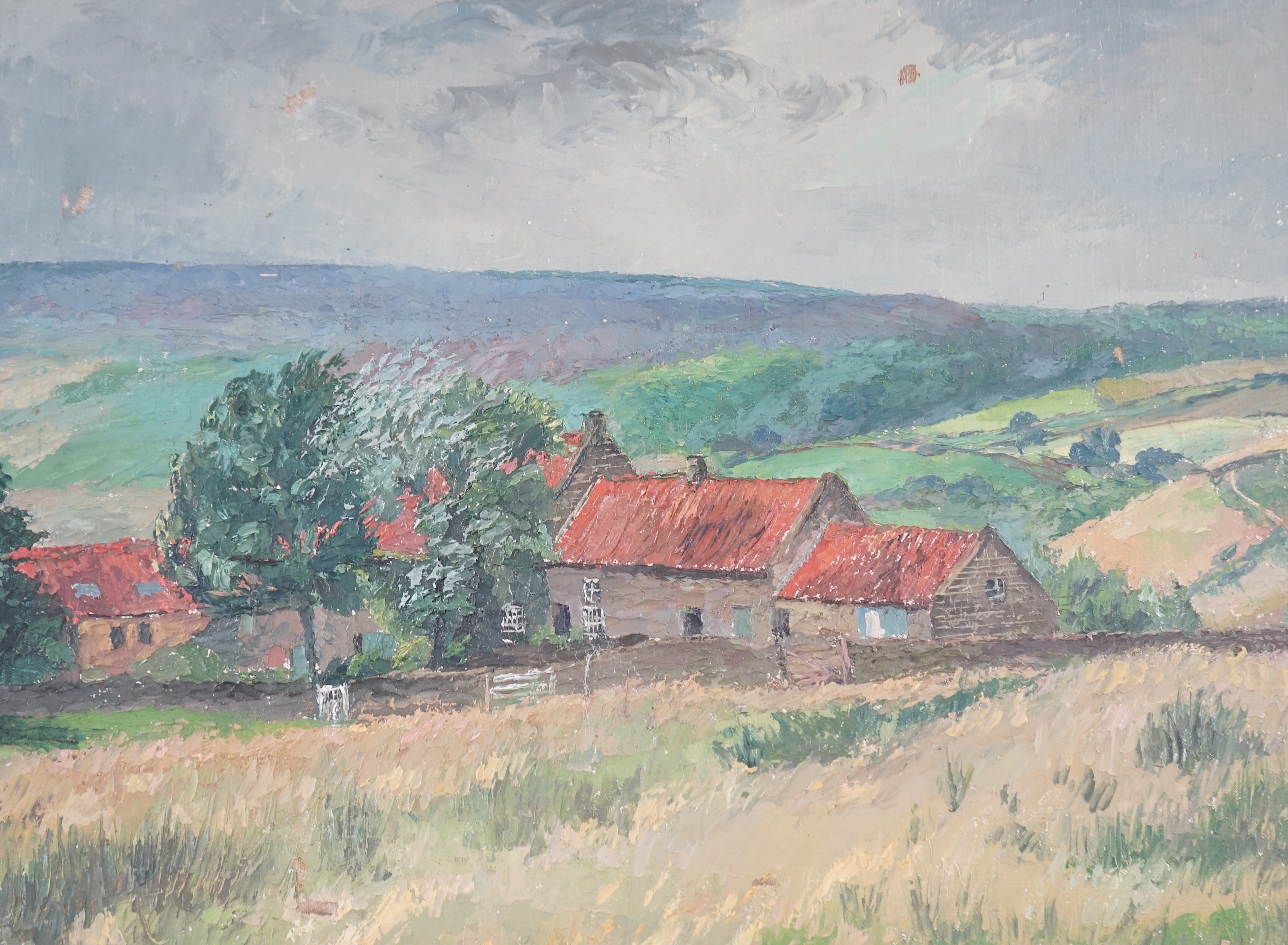 Henry (Harry) Clarence Whaite (1895-1978), oil on canvas, ‘Farm buildings, Goathland Common, Yorkshire’, unframed, 36 x 45cm. Condition - poor, a few holes to the canvas